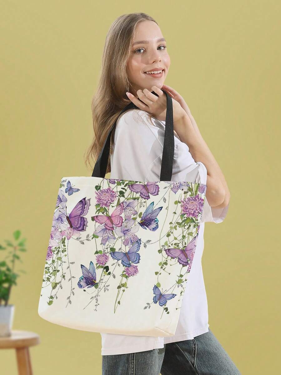 蝴蝶花卉图案双面印花帆布单肩包购物袋休闲旅行沙滩包大容量可重复使用单肩购物袋，夏季必备，完美适用于度假和假日，可用作学校手提包，便携可折叠，商务休闲风格，适合青少年女孩、女性、大学生、教师、职场新人及白领人士。适用于大学、度假、海滩、假日、购物等场合。蝴蝶图案，是教师节的最佳礼物。 - 彩色 - 查看 1