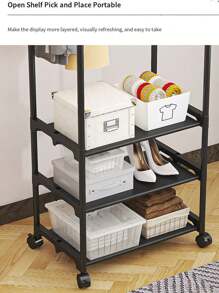 1pc Double Pole Movable Clothes And Hat Rack With Storage Shelf, Shoe Rack, Clothes Hanger For Wardrobe, Bedroom, Hotel Storage - Black - View 8