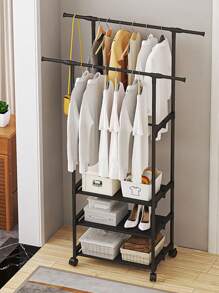 1pc Double Pole Movable Clothes And Hat Rack With Storage Shelf, Shoe Rack, Clothes Hanger For Wardrobe, Bedroom, Hotel Storage - Black - View 1