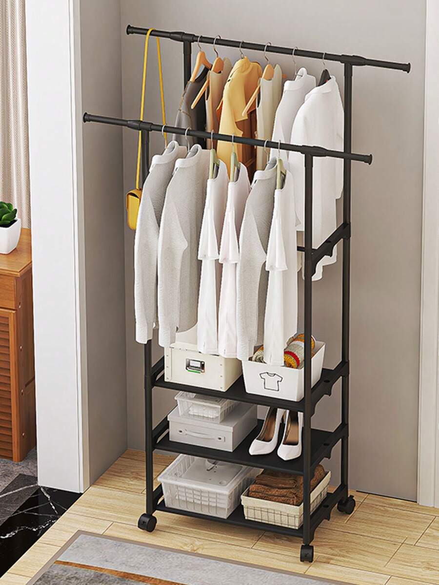 1pc Double Pole Movable Clothes And Hat Rack With Storage Shelf, Shoe Rack, Clothes Hanger For Wardrobe, Bedroom, Hotel Storage - Black - View 1