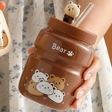 3pcs/Set Cute Bear Ceramic Straw Cup, Creative Coffee Mug With Cartoon Animal Design, Souvenir Cup - Five Bears Coffee Color - View 1