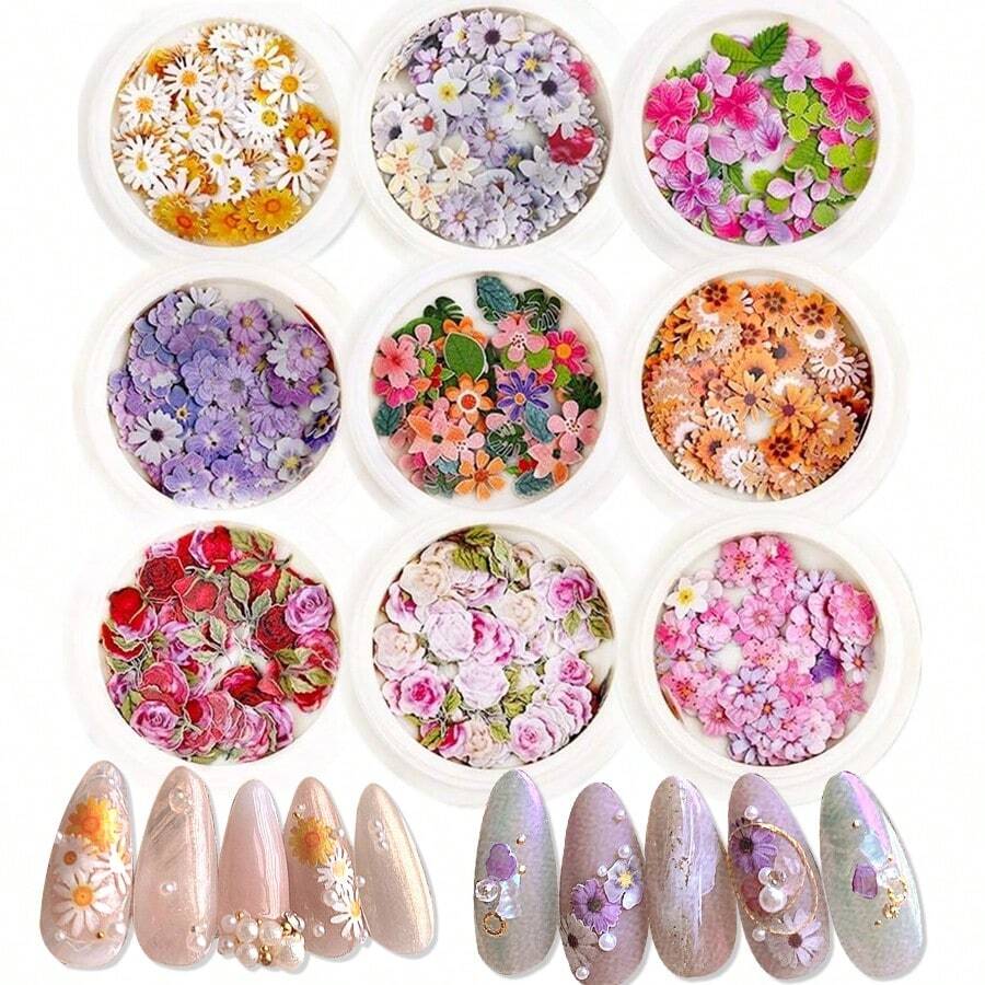 9 hộp sticker dán móng tay hình hoa 3D, sticker hoa lá hologram lấp lánh, kim tuyến acrylic dùng để trang trí móng tay, làm đồ trang sức móng tay, phụ kiện làm móng. - Nhiều màu - Xem 1