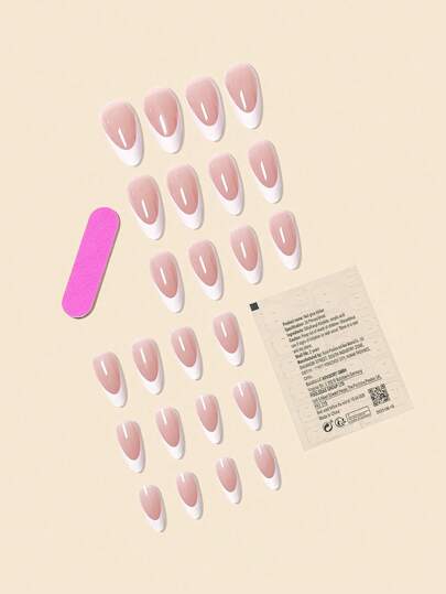 24 個のロング アーモンド フレンチ スタイル フルカバー フェイク ネイル キット フレンチ チップ プレス オン ネイルで見た目をアップグレード