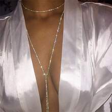 1pc Luxury Glitter Rhinestones Chain Long Necklace For Women Dating Jewelry New Year Gift - Silver - View 4
