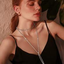 1pc Luxury Glitter Rhinestones Chain Long Necklace For Women Dating Jewelry New Year Gift - Silver - View 2