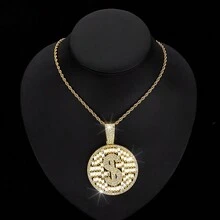 1個歐美流行風格圓形標籤美元符號吊墜項鍊,獨特設計,由t形鑲嵌方形鑽和金色符號嘻哈墜飾項鍊組成,製成合金 - 美元符號吊墜 - 查看 15