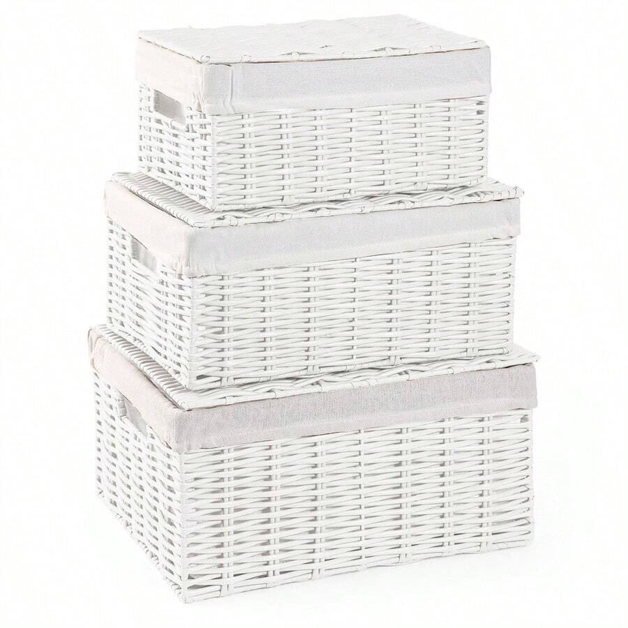 3入組白色編織柳條帶蓋、 罩內襯和環的儲物籃,多功能收納組織器皿,適用於育嬰、嬰兒、衣物、玩具、書籍,大/中/小尺寸 - 白色 - 查看 1