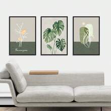 Set Of 3 Unframed Abstract Flower & Leaves Design Polyester Fiber Prints In Retro & Minimalist Style Suitable For Living Room Bedroom Home Decoration (Green Gray) - Multicolor - View 4
