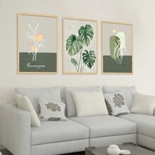 Set Of 3 Unframed Abstract Flower & Leaves Design Polyester Fiber Prints In Retro & Minimalist Style Suitable For Living Room Bedroom Home Decoration (Green Gray) - Multicolor - View 1