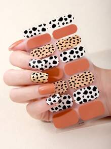 Beauty Sticker 16入組具有花卉設計的奶牛印花diy藝術指甲貼紙,附帶1個指甲文件,適合作為女孩的禮物 - 彩色 - 查看 1