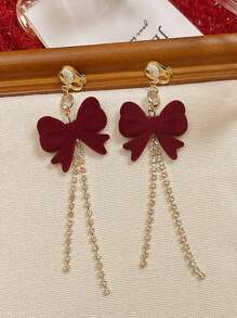 2pcs Luxury, Long Tassel, Rhinestone Chain & Bowknot Shaped Ear Clip With Elegant Style & No Piercing Design For Women, Suitable For Daily, Party Wear & As New Year Gift - Red - View 3