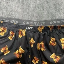 男士一體化舒適短褲，有彈性腰帶和可愛的熊印花 - 黑色 - 查看 2