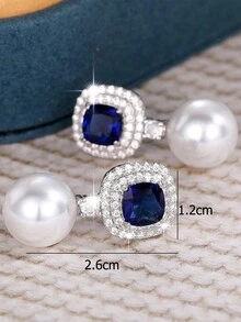 1對優雅藍色立方氧化鋯＆人造珍珠垂墜耳環,為女性情人節禮物,婚禮,訂婚,周年慶祝活動珠寶首飾 - 藍色 - 查看 3