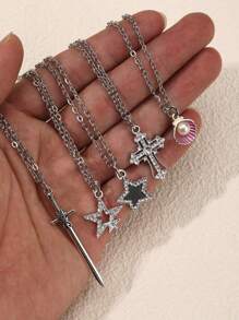 5件套 Y2K 复古哥特朋克摇滚明星十字架蝴蝶项链，配水钻心形十字架吊坠，不锈钢链，个性化嘻哈波西米亚风格心形锁项链