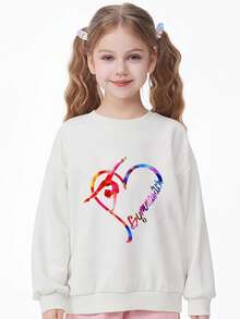 Tween Girl Chic And Cute Loose-Fit Love Letter Print Pullover Sweatshirt With Crew Neckline, Spring & Autumn - White - View 1