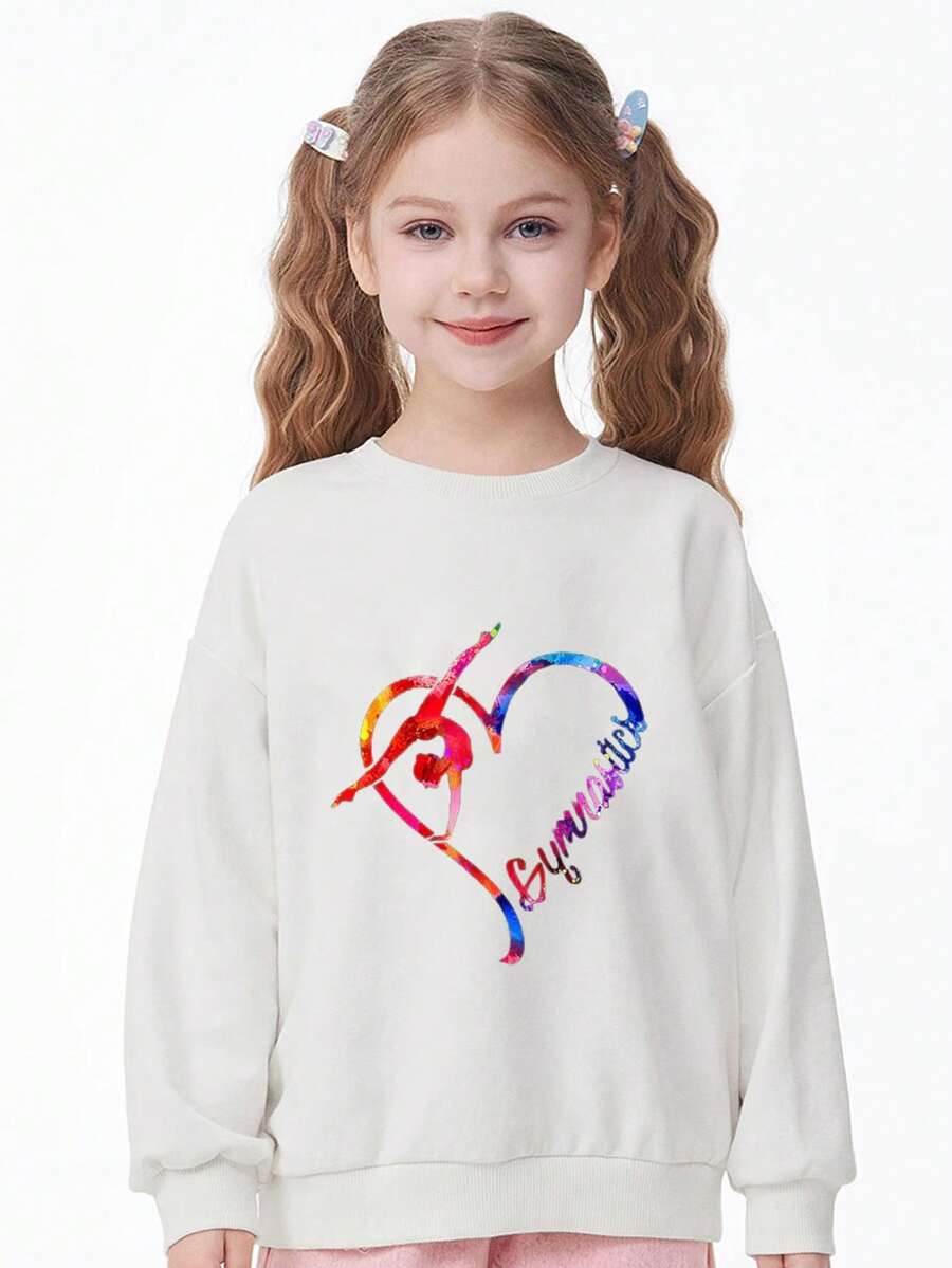 Tween Girl Chic And Cute Loose-Fit Love Letter Print Pullover Sweatshirt With Crew Neckline, Spring & Autumn - White - View 1