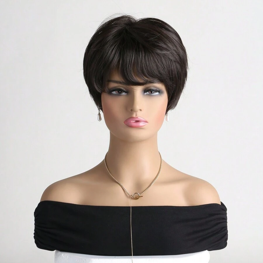 Đúng mốt Của phụ nữ Ngắn lông tơ Tóc xoăn Tóc giả , Vẻ ngoài Tự nhiên , 10 Inch Nâu Tóc Với Bên Tóc mái , Chế tạo Của Sợi tổng hợp Chất xơ , Thích hợp Đối với Mặc hàng ngày - màu nâu - Xem 1
