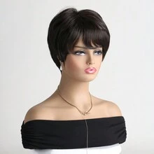 Đúng mốt Của phụ nữ Ngắn lông tơ Tóc xoăn Tóc giả , Vẻ ngoài Tự nhiên , 10 Inch Nâu Tóc Với Bên Tóc mái , Chế tạo Của Sợi tổng hợp Chất xơ , Thích hợp Đối với Mặc hàng ngày - màu nâu - Xem 4