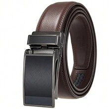 1pc Men's Comfortable Genuine Leather Spiked Dress Belt With Automatic Buckle - Brown - View 1