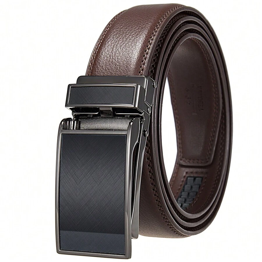 1pc Men's Comfortable Genuine Leather Spiked Dress Belt With Automatic Buckle - Brown - View 1