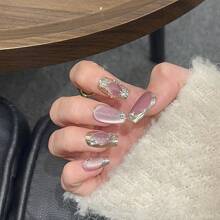 GIRL PLUS GIRLPLUS 10入組手工假指甲，淺紫色金屬貓眼細閃粉紋指甲設計，時尚指甲套裝適合女性和女孩們日常穿著，壓克力透明按壓式假指甲指甲用品 - 紫色 - 查看 13