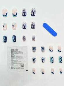 Trở nên quyến rũ hơn với 24 chiếc Móng tay giả hình vuông ngắn màu xanh lam kiểu Pháp Ngọn lửa hình trái tim âm dương & 1 Dũa móng tay & 1 tờ băng ép trên móng tay Đồ dùng làm móng - Nhiều màu - Xem 2
