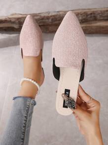 New Arrival Women's Simple Glitter Mesh Pink Fashion Mules With Pointed Toe Flat Heel - Baby Pink - View 1