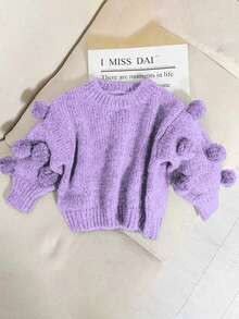 時尚圓領針織毛衣，適用於小女孩，秋冬款式，新款式，配有可愛的毛絨球 - 紫色 - 查看 4