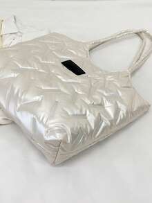 1 件女士水钻凹陷尼龙拉链休闲单肩手提包适合秋冬季日常使用 - 白色 - 查看 5