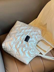 1 件女士水钻凹陷尼龙拉链休闲单肩手提包适合秋冬季日常使用 - 白色 - 查看 3