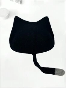 1件女式新款羊毛貝雷帽,貓耳形設計,可愛又保暖 - 黑色 - 查看 2