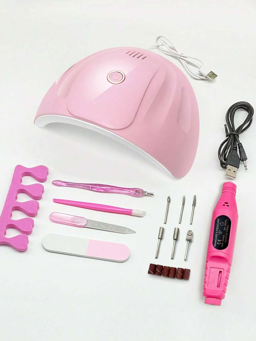 Manicure Set With UV Lamp And Nail Drill Machine UV LED Light For Gel Nails & Nail Drill Machine & File & Grinding Head & Finger Splitter Set - Pink - View 1