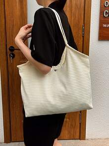 1入網眼海灘手提袋,磁性關閉,簡約大容量網織購物袋,適用於女性旅行、日常和學生使用 - 米色 - 查看 4