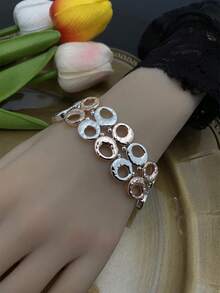 HaiDiLa 1只極簡主義法式風格彈性手鍊,具有雙排幾何圖案,適合日常穿著、假日和派對 - 玫瑰金 - 查看 5