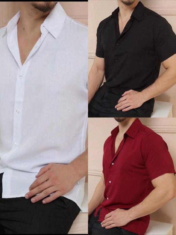 KIT 3 Camisa Social Masculino Manga Curta De Botão Lisa