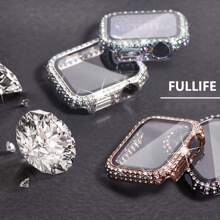 人造鑽石屏幕保護貼鋼化玻璃殼套適用於蘋果手錶45mm、41mm、40mm、44mm配件，鑽石屏幕保護貼鋼化玻璃，適用於第9、8、7、3、4、5、6、SE系列 - 粉色 - 查看 2