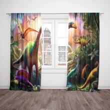 1 套 2 件森林恐龍印花數位窗簾,附口袋桿,適合客廳、廚房、臥室、書房、教室、家居裝飾,聚酯材質 - 彩色 - 查看 2