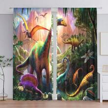 1 套 2 件森林恐龍印花數位窗簾,附口袋桿,適合客廳、廚房、臥室、書房、教室、家居裝飾,聚酯材質 - 彩色 - 查看 1