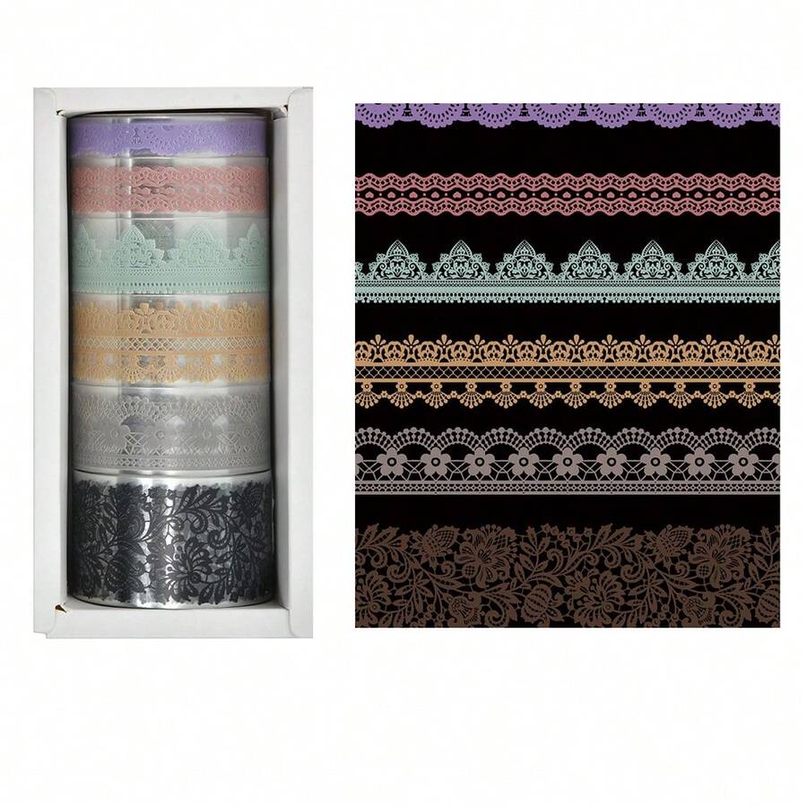 6捲複古蕾絲紋遮蔽膠帶套裝,防水裝飾透明膠帶,適用於diy藝術手工藝品,花瓶,杯子,記事本,計劃者,手帳,剪貼簿用品 - 彩色 - 查看 1