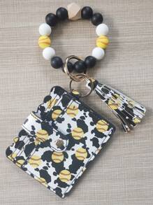 矽膠珠手環卡片持有人腕帶錢包皮革流蘇鑰匙扣,帶包鑰匙鏈手腕帶女士錢包鑰匙扣手腕帶足球銀行卡紙袋 - 黃色 - 查看 8