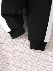 寶寶男童春秋季休閒長袖印花拼接圓領上裝和褲子套裝 - 黑色 - 查看 6