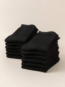 12pairs Women's Casual Solid Color Basic Striped Sport Mid-Calf Socks, Suitable For Daily Wear - Black - View 4