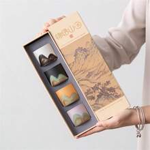 1套/ 4入創意中式茶杯禮盒,帶配套匙匙的單獨陶瓷茶碗,新奇的茶具 - 黑與白 - 查看 13