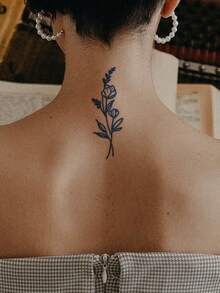 CAT QUEEN ART 1入組帶有藍色草本花卉設計的暫時性紋身貼紙,不褪色,不反光,可持續7至14天,適用於手腕和身體的其他部位 - 黑色 - 查看 2