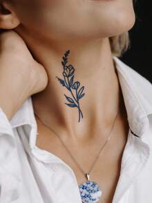 CAT QUEEN ART 1入組帶有藍色草本花卉設計的暫時性紋身貼紙,不褪色,不反光,可持續7至14天,適用於手腕和身體的其他部位 - 黑色 - 查看 5