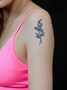 CAT QUEEN ART 1入組帶有藍色草本花卉設計的暫時性紋身貼紙,不褪色,不反光,可持續7至14天,適用於手腕和身體的其他部位 - 黑色 - 查看 4