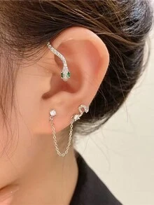 1PC Silver Needle Inlaid Diamond Snake Shaped Earrings And Ear Hanging Integrated Niche Design, With A Cool And High-End Feel - Silver - View 3