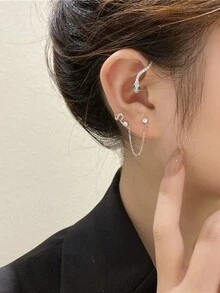 1PC Silver Needle Inlaid Diamond Snake Shaped Earrings And Ear Hanging Integrated Niche Design, With A Cool And High-End Feel - Silver - View 4