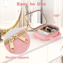 2 件装透明旅行化妆包、TSA 认证盥洗包、带手柄的透明化妆包、夸脱大小的透明盥洗包、男女通用的双层 PVC 透明化妆包、符合机场航空标准的随身包 - 粉色 - 查看 3