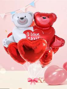 11pcs Bear Hug Aluminum Balloon Set, Cute Large Bear Shaped Balloon & 18-Inch Red Star Balloon Suitable For Wedding Valentine'S Day Party Decoration - Multicolor - View 2